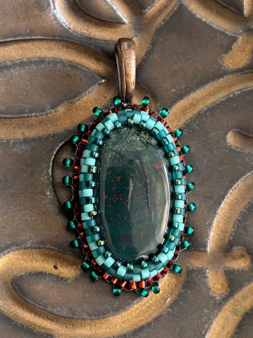 Handmade Oval Bloodstone Bead Embroidered Pendant